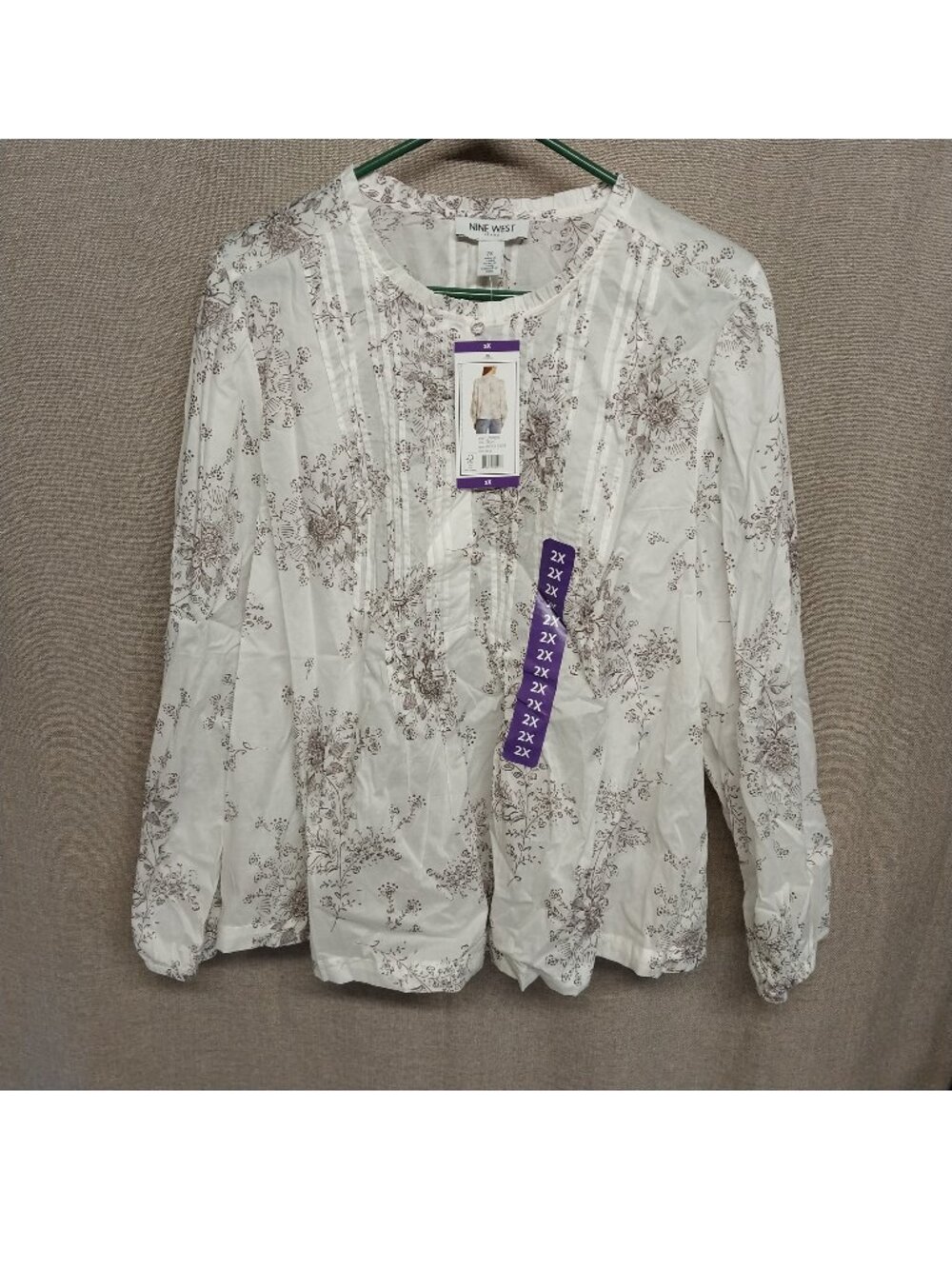 NineWest Womens Floral & Cream Dainty Pintuck Blouse Top Long Sleeve NWT Size 2X